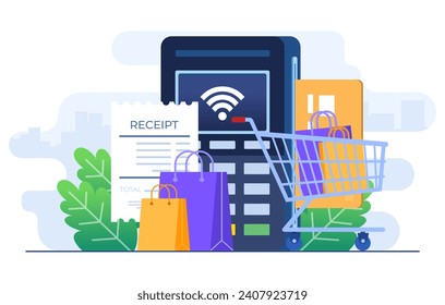 Terminal for contactless and wireless goods payment flat illustration vector template, POS terminal confirms the payment by debit card, Invoice, Shopping concept, Payment machine, Credit card