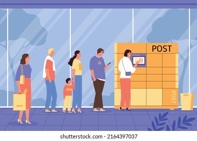 Terminal delivery composition queue of people wanting to pick up a parcel at a post office vector illustration