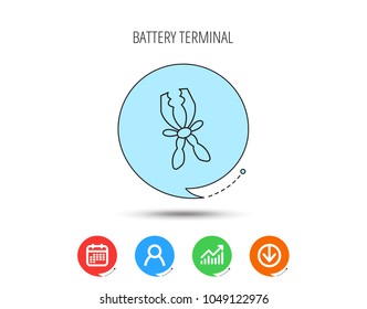 Terminal electrical clips icon. Charging the battery sign. Calendar, User and Business Chart, Download arrow icons. Speech bubbles with flat signs. Vector