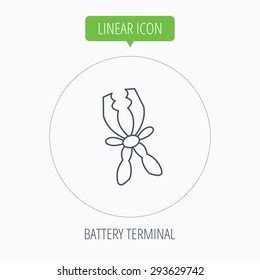 Terminal electrical clips icon. Charging the battery sign. Linear outline circle button. Vector