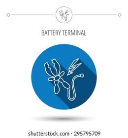 Terminal electrical clips icon. Charging the battery sign. Blue flat circle button. Linear icon with shadow. Vector