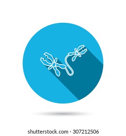 Terminal electrical clips icon. Charging the battery sign. Blue flat circle button with shadow. Vector
