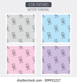 Terminal electrical clips icon. Charging the battery sign. Diagonal lines texture. Seamless patterns set. Vector