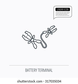 Terminal electrical clips icon. Charging the battery sign. Linear outline icon. Speech bubble of dotted line. Vector