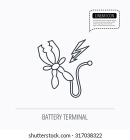 Terminal electrical clips icon. Charging the battery sign. Linear outline icon. Speech bubble of dotted line. Vector