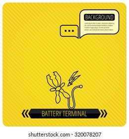 Terminal electrical clips icon. Charging the battery sign. Chat speech bubbles. Orange line background. Vector