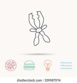 Terminal electrical clips icon. Charging the battery sign. Global connect network, ocean wave and burger icons. Lightbulb lamp symbol.