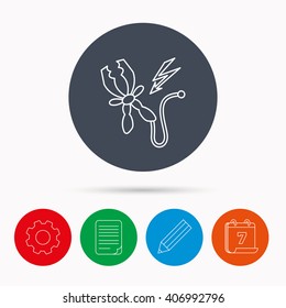 Terminal electrical clips icon. Charging the battery sign. Calendar, cogwheel, document file and pencil icons.