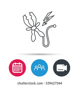 Terminal electrical clips icon. Charging the battery sign. Group of people, video cam and calendar icons. Vector