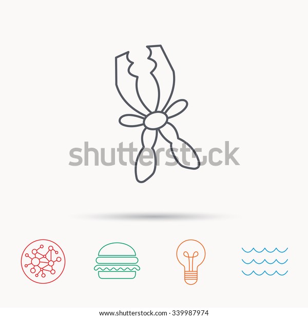Terminal electrical clips icon. Charging the\
battery sign. Global connect network, ocean wave and burger icons.\
Lightbulb lamp\
symbol.