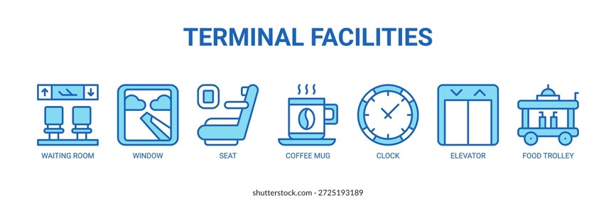 Concepto de Ilustración vectorial del icono del Anuncio del Web para las instalaciones de la terminal del aeropuerto con el icono de la sala de espera, de la ventana, del asiento, de la taza de café, del reloj, del elevador, del carro de la comida.