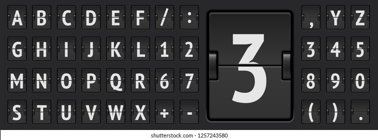 Terminal-Flip-Board-Schriftart für Flugziel und Zeitplan Vektorgrafik. Mechanisches Scoreboard Black Airport-Alphabet mit Zahlen zur Anzeige von Start- oder Ankunftsinformationen.