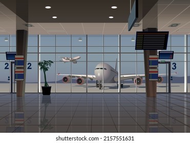 Terminal hall with large windows overlooking the aircraft. Vector.