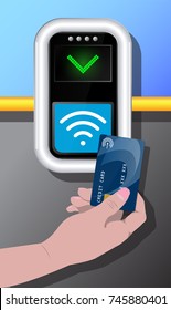 Terminal with hand and credit card. Contactless payment, communication technology. Near-field communication protocol. Card Payment Vector Icon.  Wireless  payment.  