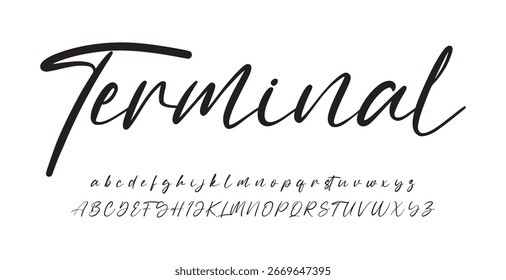 Alfabeto vetorial desenhado pela Mão Terminal. Fonte moderna de script de assinatura monocromática. Fonte de assinatura elegante. Melhor Alfabeto Bela Caligrafia Assinatura Fonte
