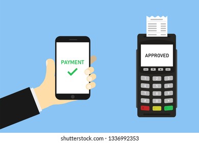 Terminal with hand hanging phone and check on blue background success transaction online payment. EPS10