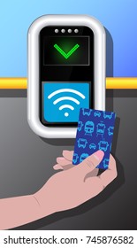 Terminal  with hand and transport ticket card. Contactless payment, communication technology. Near-field communication protocol. Card Payment Vector Icon.  Wireless   payment.  