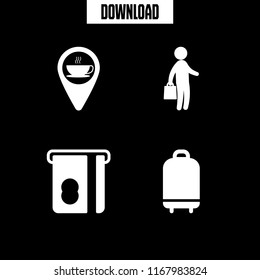 terminal icon. 4 terminal vector set. suitcase, businessman with handbag standing silhouette, coffee shop pin and insert card icons for web and design about terminal theme