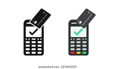 Terminal icon. Pos symbol. Payment signs. Card symbols. NFC pay icons. Green check mark done. Black and flat color. Vector isolated sign.