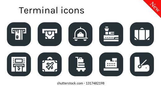 terminal icon set. 10 filled terminal icons.  Collection Of - Atm, Luggage, Control tower, Baggage, Cashier, Seat