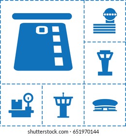 Terminal icon. set of 6 terminal filled icons such as airport tower, airport, lugagge weight