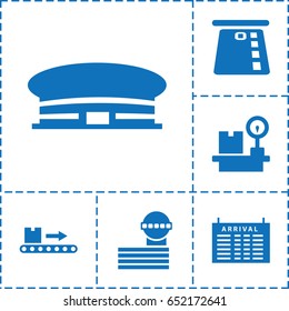 Terminal icon. set of 6 terminal filled icons such as arrival table, airport, airport tower, luggage scan, lugagge weight