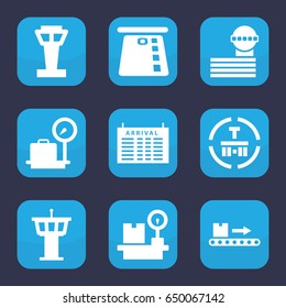Terminal icon. set of 9 filled terminal icons such as airport tower, arrival table, lugagge weight, cargo terminal, luggage scan