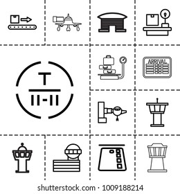Terminal icons. set of 13 editable outline terminal icons such as jetway, airport tower, credit card in atm, cargo terminal, luggage scan, lugagge weight, arrival table