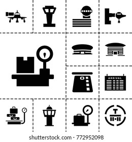 Terminal icons. set of 13 editable filled terminal icons such as airport tower, jetway, arrival table, lugagge weight, airport, credit card in atm