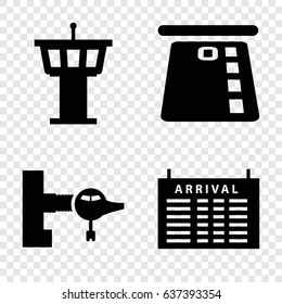 Terminal icons set. set of 4 terminal filled icons such as jetway, arrival table, airport tower