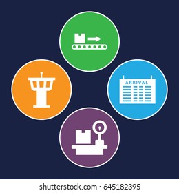 Terminal icons set. set of 4 terminal filled icons such as arrival table, airport tower, luggage scan