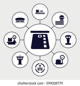 terminal icons set. Set of 9 terminal filled icons such as airport tower, lugagge weight, airport, cargo terminal, luggage scan