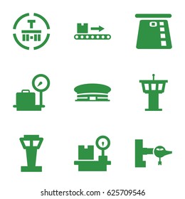 Terminal icons set. set of 9 terminal filled icons such as airport tower, jetway, lugagge weight, airport, cargo terminal, luggage scan