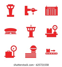Terminal icons set. set of 9 terminal filled icons such as airport tower, jetway, arrival table, lugagge weight, airport