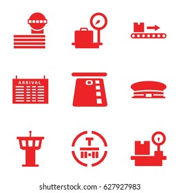 Terminal icons set. set of 9 terminal filled icons such as arrival table, luggage weight, airport tower, airport, cargo terminal 