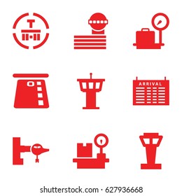 Terminal icons set. set of 9 terminal filled icons such as airport tower, jetway, arrival table, lugagge weight, cargo terminal