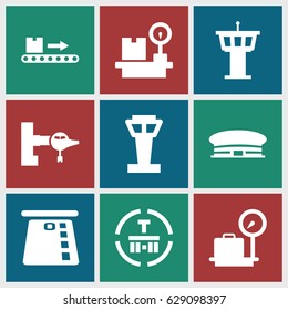 Terminal icons set. set of 9 terminal filled icons such as airport tower, jetway, lugagge weight, airport, cargo terminal, luggage scan
