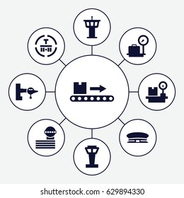 Terminal icons set. set of 9 terminal filled icons such as airport tower, jetway, lugagge weight, airport, cargo terminal