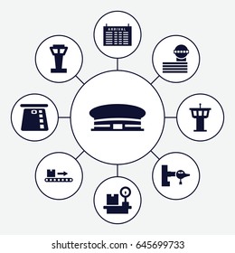 Terminal icons set. set of 9 terminal filled icons such as airport tower, jetway, arrival table, airport, luggage scan, lugagge weight
