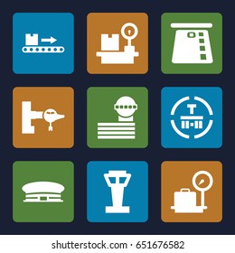 Terminal icons set. set of 9 terminal filled icons such as airport tower, jetway, lugagge weight, airport, cargo terminal, luggage scan