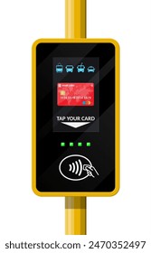 Terminal for passenger transport card. Airport, metro, bus, subway ticket terminal validator. Wireless, contactless or cashless payments, rfid nfc. Vector illustration in flat style