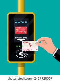 Terminal and passenger transport card in hand. Airport, metro, bus, subway ticket terminal validator. Wireless, contactless or cashless payments, rfid nfc. Vector illustration in flat style