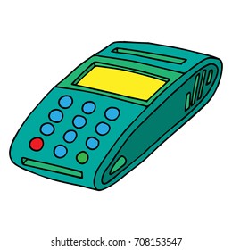 Terminal for payment by card icon. Vector illustration of a terminal for a credit card. Hand drawn cash terminal for payment cards.