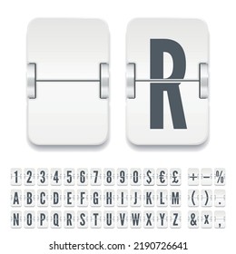 Terminal scoreboard font to display flight departure info vector illustration. White airport flip board mechanical alphabet with numbers and symbols for destination information and timetable