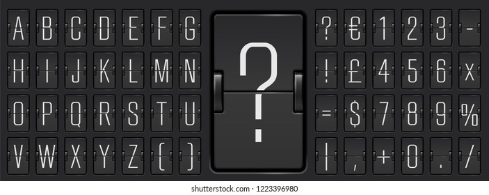 Terminal scoreboard narrow font to display flight departure or arrival info vector illustration. Black airport flip board mechanical alphabet with numbers for destination  information and timetable