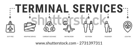 Terminal Services web banner icon vector illustration with Duty Free, Wrapping Service, Currency Exchange, Waiting Room and Restroom
