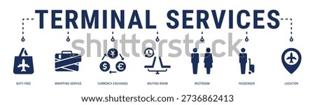 Terminal Services web banner icon vector illustration with Duty Free, Wrapping Service, Currency Exchange, Waiting Room and Restroom