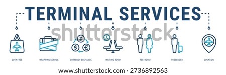 Terminal Services web banner icon vector illustration with Duty Free, Wrapping Service, Currency Exchange, Waiting Room and Restroom
