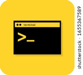 Terminal sign. Command panel. Linux kernel. Programming coding. Notepad. Flat 3D shadow design. yellow background black vector. product brand service label banner board display. App icon.