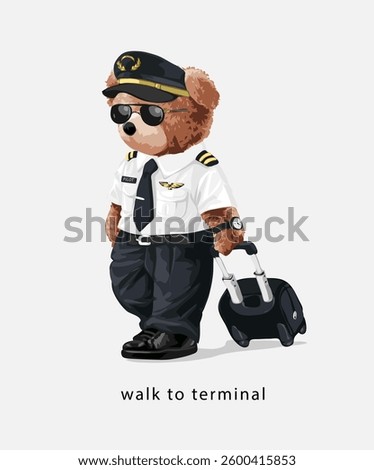 terminal slogan with bear doll in pilot uniform hand drawn without AI in the process